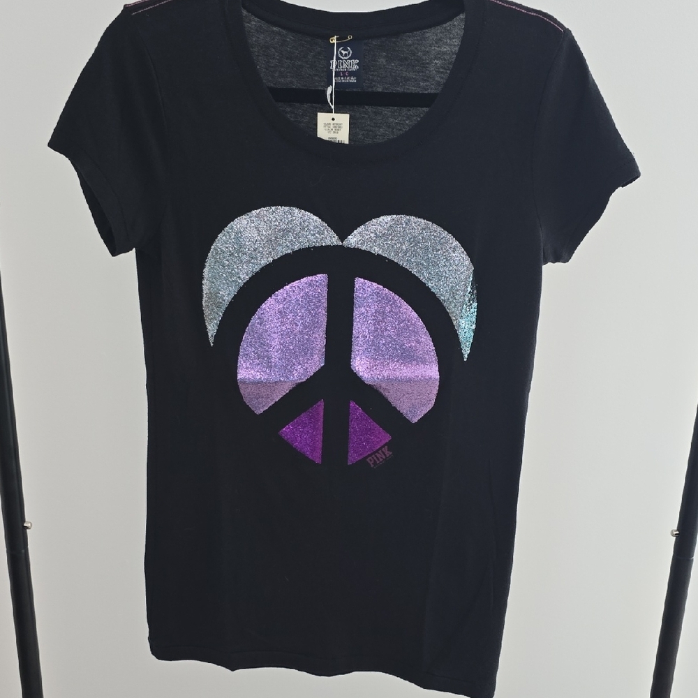NWT Vintage PINK Black Graphic Tee with Glitter Peace Sign SIZE Large